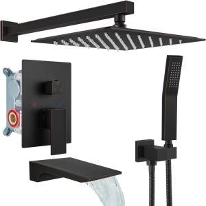 image:imagegotonovo Shower System with Tub SpoutWaterfall Tub Shower Faucet Set for Bathroom Head and Handle Set Wall Mounted 3 Function Roughin Valve and Trim Included 12 inch Shower Head Oil Rubbed BronzeOil Rubbed Bronze
