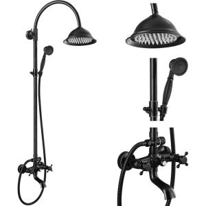 image:imagegotonovo Bathroom Classic Exposed Shower Faucet Wall Mount Shower System 8 Inch Luxurious Rainfall Shower Head Set with Tub Spout and Handheld Spray Double Cross Handles Antique BrassOil Rubbed Bronze