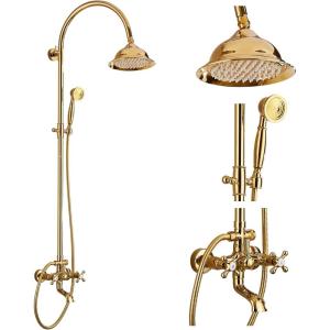 image:imagegotonovo Bathroom Classic Exposed Shower Faucet Wall Mount Shower System 8 Inch Luxurious Rainfall Shower Head Set with Tub Spout and Handheld Spray Double Cross Handles Antique BrassPolished Gold