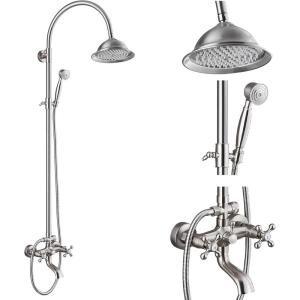 image:imagegotonovo Bathroom Classic Exposed Shower Faucet Wall Mount Shower System 8 Inch Luxurious Rainfall Shower Head Set with Tub Spout and Handheld Spray Double Cross Handles Antique BrassBrushed Nickel