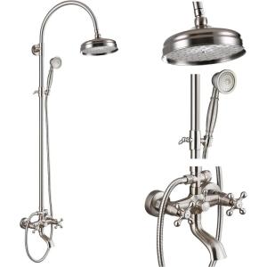 image:imagegotonovo Exposed Bathroom Shower System Classic Shower Kit 8 Inch Luxurious Rainfall Shower Head Handheld Spray Tub Filler Brass Pipe 3Function Wall Mount Double Cross Knobs Antique BrassBrushed Nickel
