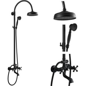 image:imagegotonovo Exposed Bathroom Shower System Classic Shower Kit 8 Inch Luxurious Rainfall Shower Head Handheld Spray Tub Filler Brass Pipe 3Function Wall Mount Double Cross Knobs Antique BrassMatte Black