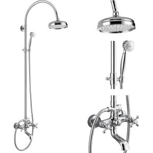 image:imagegotonovo Exposed Bathroom Shower System Classic Shower Kit 8 Inch Luxurious Rainfall Shower Head Handheld Spray Tub Filler Brass Pipe 3Function Wall Mount Double Cross Knobs Antique BrassPolished Chrome