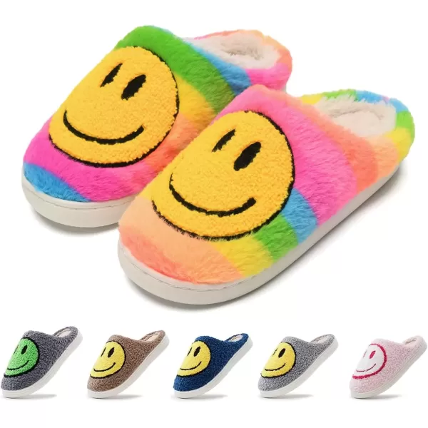 imagerosyclo Smile Face Slippers Retro Soft Plush Cozy House Slippers Slipon Fluffy Indoor Outdoor Smile Slippers for Women and MenRainbow