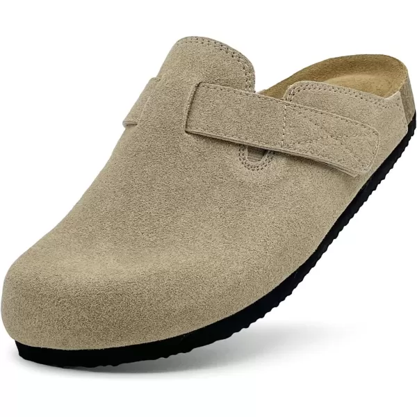 imagerosyclo Clogs for Women and Men Suede Leather Hook and Loop Comfort Cork Footbed Adjustable Womens Mules House Slippers Clog Sandals Potato Shoes with Arch SupportTaupe