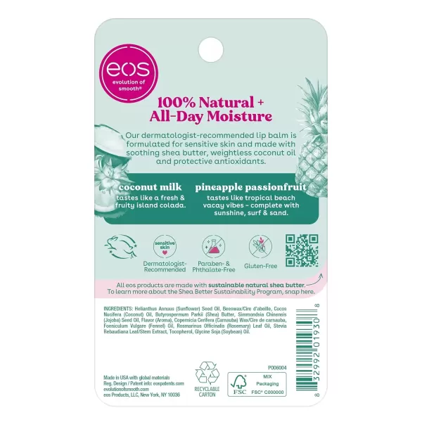 imageeos 100 Natural Lip Balms Coconut Milk Pineapple Passionfruit Watermelon Fros ampamp Raspberry Kiwi Splash AllDay Moisture Lip Care 014 oz 4PackPineapple Passionfruit  Coconut Milk