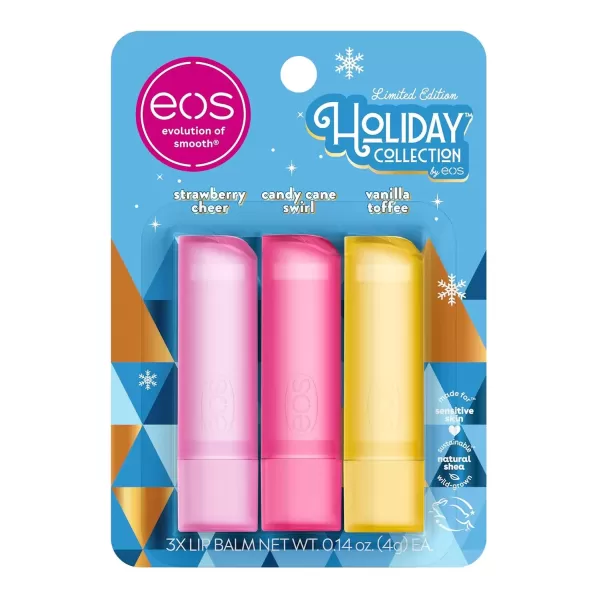 imageeos Holiday Lip Balm Sticks Peppermint Twist ampamp Candy Cane Swirl LimitedEdition Skincare Stocking Stuffers 014 oz 2PackStrawberry Cheer  Candy Cane Swirl  Vanilla Toffee