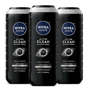 imageNIVEA Men Active Clean Body Wash with Natural Charcoal for Normal to Oily Skin 3in1 Charcoal Body Wash Face and Hair Draws Out Dirt and Impurities 169 Fl Oz Bottle Pack of 3169 Fl Oz Pack of 3