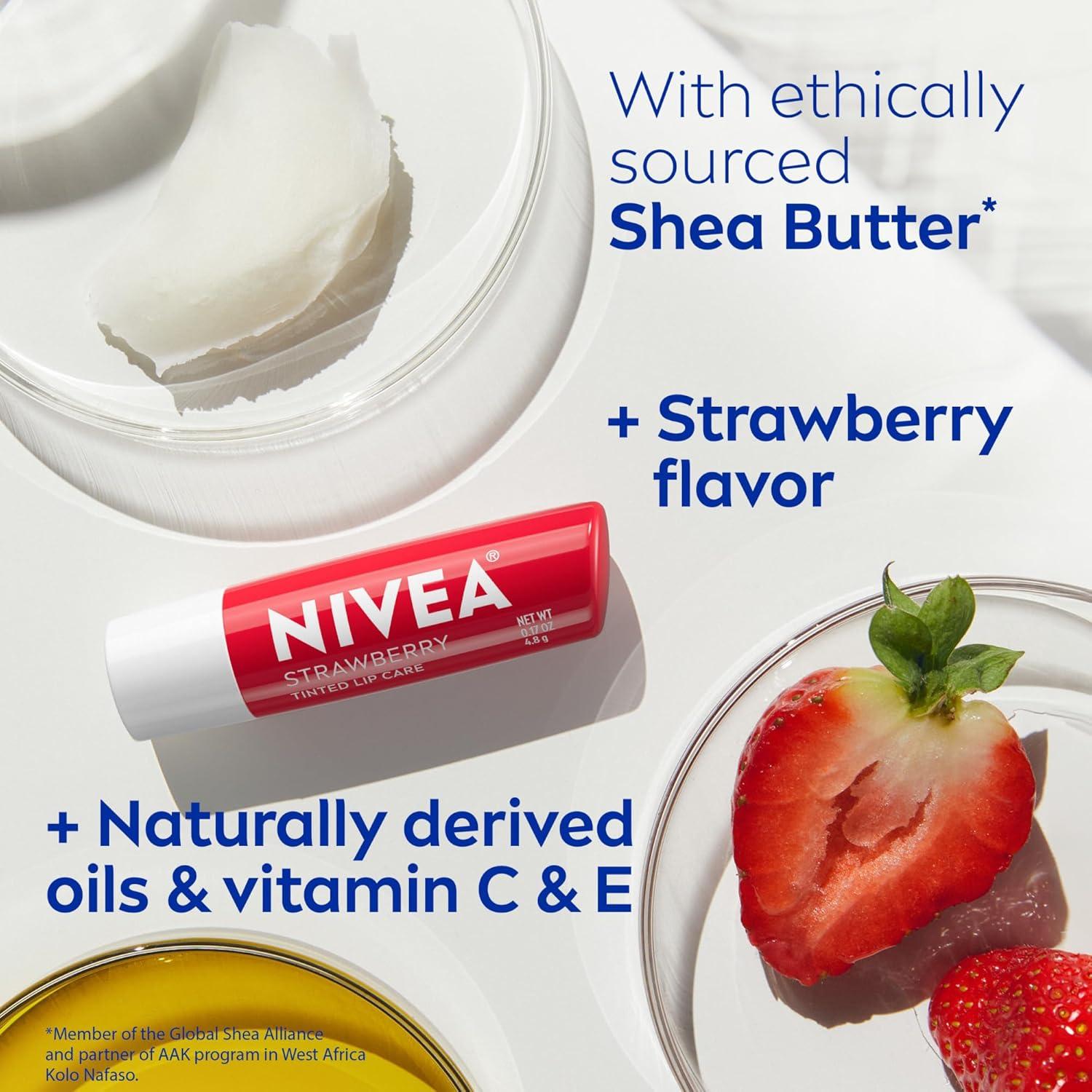 imageNIVEA Mango Lip Care Vegan Lip Balm Pack with Shea Butter Nourishing Oils and Vitamin C ampamp E 3in1 Moisturize Repair and Protect 017 Oz Stick Pack of 4Strawberry