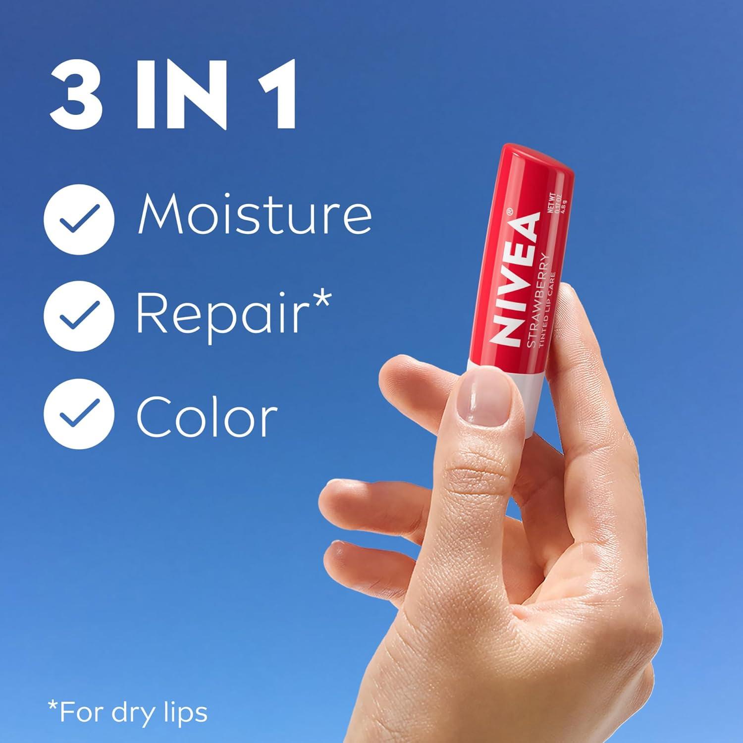 imageNIVEA Mango Lip Care Vegan Lip Balm Pack with Shea Butter Nourishing Oils and Vitamin C ampamp E 3in1 Moisturize Repair and Protect 017 Oz Stick Pack of 4Strawberry