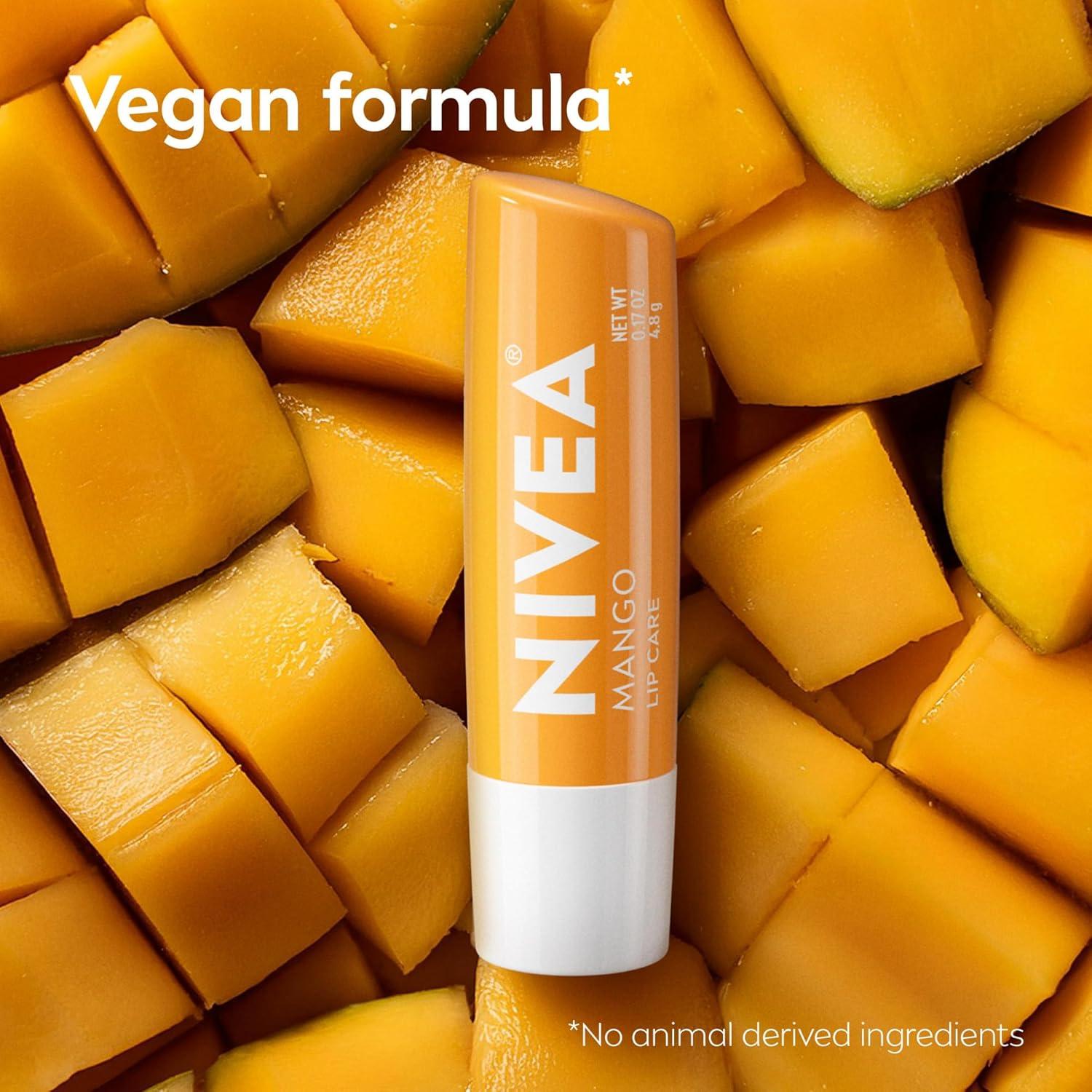 imageNIVEA Mango Lip Care Vegan Lip Balm Pack with Shea Butter Nourishing Oils and Vitamin C ampamp E 3in1 Moisturize Repair and Protect 017 Oz Stick Pack of 4Mango