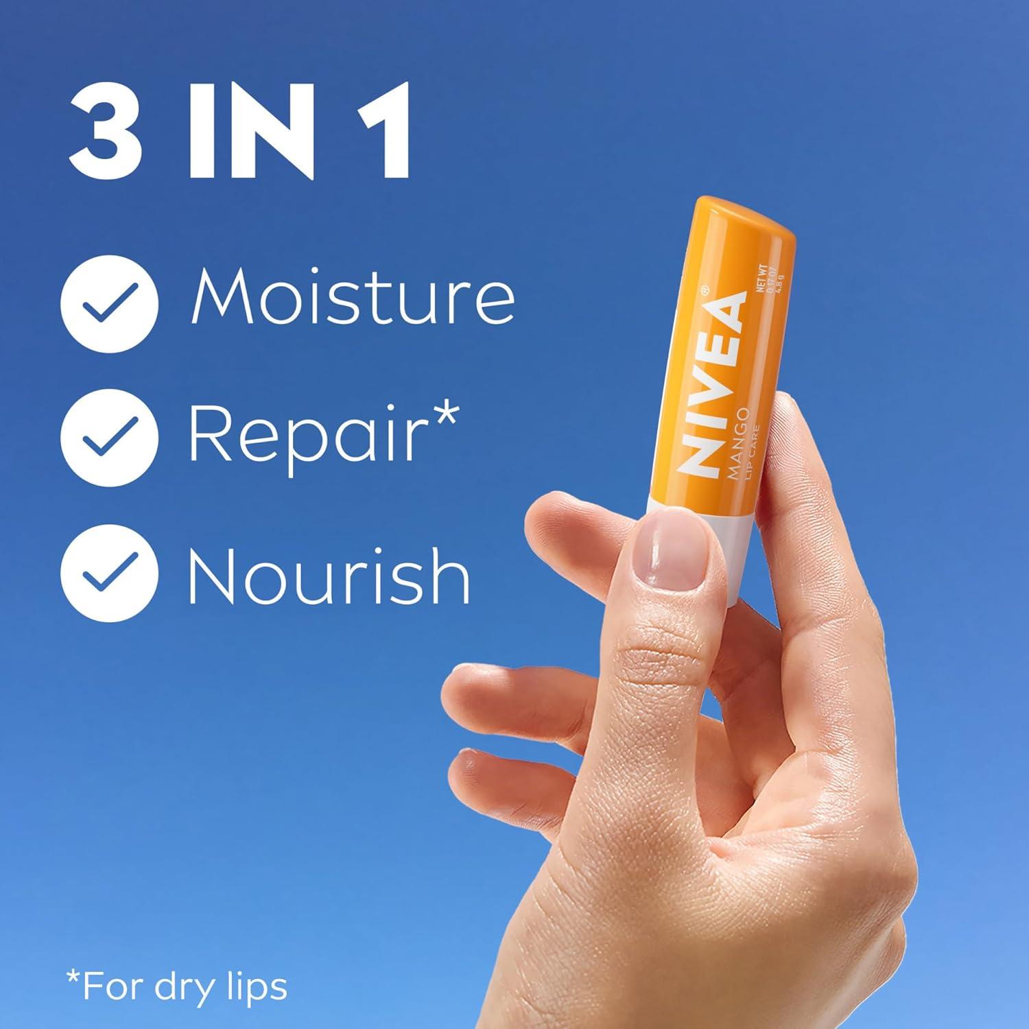 imageNIVEA Mango Lip Care Vegan Lip Balm Pack with Shea Butter Nourishing Oils and Vitamin C ampamp E 3in1 Moisturize Repair and Protect 017 Oz Stick Pack of 4Mango