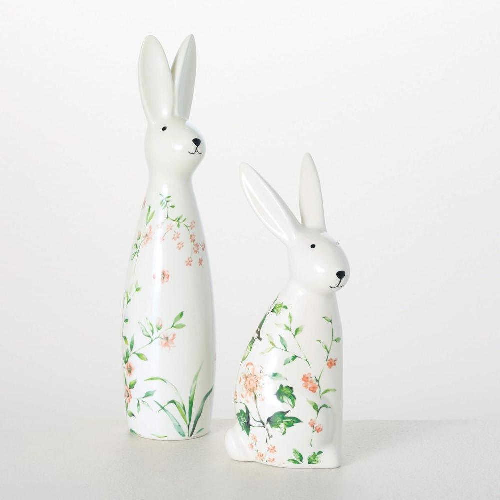 imageSulivans Floral Bunny Ceramic Figurine Set of 2 Perfect for a Table Centerpiece Mantels and Shelf Decoration Small Statue for Indoor Spring Decor for Home Office Patio