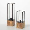imageSullivans Black Metal Taper Candle Lanterns Set of 2 Lantern Decor Home Decor for Living Room Kitchen Standing Tabletop Candle Holder with Natural Wood Base