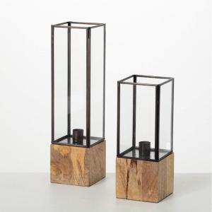imageSullivans Black Metal Taper Candle Lanterns Set of 2 Lantern Decor Home Decor for Living Room Kitchen Standing Tabletop Candle Holder with Natural Wood Base