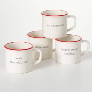 imageSullivans White Ceramic with Red Trim Holiday Mug Set of 4 Christmas Hot Chocolate Cups with Seasonal Words for Hot Cocoa Dishwasher Safe Gift Box Included