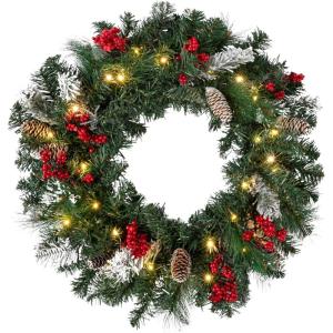 imageSullivans Prelit 24quot Christmas Wreath Christmas Decor Flocked Christmas Door Wreath with Lights Lighted Pine Christmas Wreath Christmas Decorations Pinecones Gold Accents and Battery TimerRed Berries