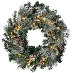 imageSullivans Prelit 24quot Christmas Wreath Christmas Decor Flocked Christmas Door Wreath with Lights Lighted Pine Christmas Wreath Christmas Decorations Pinecones Gold Accents and Battery TimerFlocked