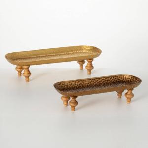 imageSullivans Decorative Trays Footed Trinket Tray Set of 2 45quot Gold Punched Metal Wood Footed Tray for Entry Way Tabletop Shelf Home Dcor Coffee Table Dcor Storage Decorations