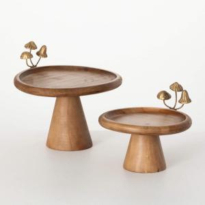 imageSullivans Riser Kitchen Round Riser Set of 2 Metal Gold Mushroom Accent on Wooden Tray Serving Kitchen Dcor Home Dcor for Shelf Mantle Coffee Table Decor Living Room Tabletop Decorations