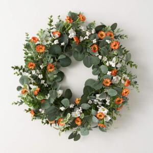 imageSullivans Spring Wreaths for Front Door Eucalyptus ampamp Flower Wreath 23quot Green White ampamp Orange Floral Round Spring Wreath Indoor Outdoor Decorations for Fireplace Cabinet Mantle Home Dcor