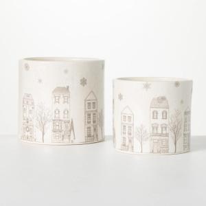 imageSullivans Christmas Village Container Ceramic Set of 2 Christmas Decorations Christmas Decor Holiday Decor Table Decorations Kitchen Decor White 625 and 525 inches Tall