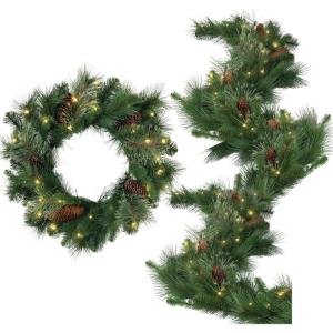 imageSullivans 24quot Prelit Pine Christmas Wreath ampamp 9 Pine Christmas Garland Bundle LED White Lights Pinecones Battery Timer Holiday Decor