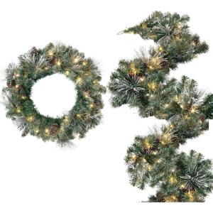 imageSullivans Prelit 24quot Christmas Wreath ampamp 9 Flocked Pine Garland Bundle LED Lights Battery Timer Pinecones Gold Accents Elegant Christmas Decor