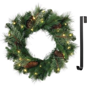 imageSullivans Prelit 24quot Christmas Wreath ampamp Hanger Bundle Christmas Door Wreath with Lights Lighted Pine Christmas Wreath Christmas Decorations White Lights Pinecones Battery Timer Holiday Decor