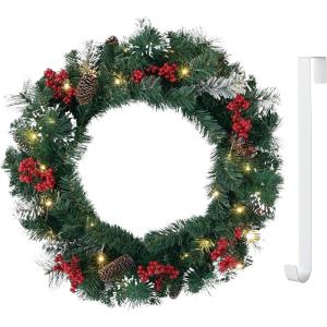 imageSullivans Prelit 24quot Christmas Wreath ampamp White Wreath Hanger Christmas Door Wreath Lighted Pine Christmas Wreath Flocked Tips Pine Red Berry Wreath with Lights Battery Timer Holiday Dcor