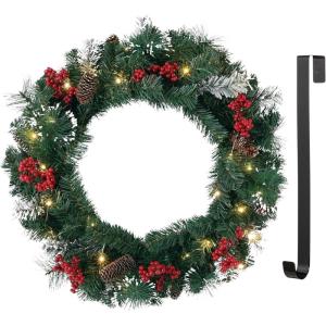 imageSullivans Prelit 24quot Christmas Wreath ampamp Wreath Hanger Christmas Door Wreath with Lights Lighted Pine Christmas Wreath Flocked Tips Pine Red Berry Wreath with Lights Battery Timer Holiday Dcor