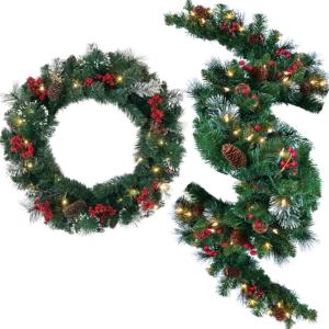 imageSullivans Prelit 24quot Christmas Wreath and 9 Prelit Christmas Garland Lighted Pine Christmas Wreath Flocked Tips Pine Red Berry Wreath with Lights Battery Timer Holiday Dcor