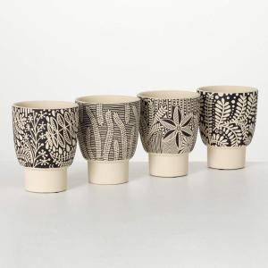 imageSullivans Plant Pots Cement Planters Set of 4 Black Botanical Pots Pack Flower Leaf Pattern Pedestal Pot 7quot Pot wDrainage Hole Indoor Outdoor Home Dcor Garden Tabletop Coffee Table Decorations