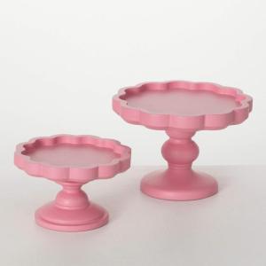 imageSullivans Riser Kitchen Round Riser Set of 2 Scalloped Edge Bright Pink Accent on Wooden Tray Serving Kitchen Dcor Home Dcor for Shelf Mantle Coffee Table Decor Living Room Tabletop Decorations