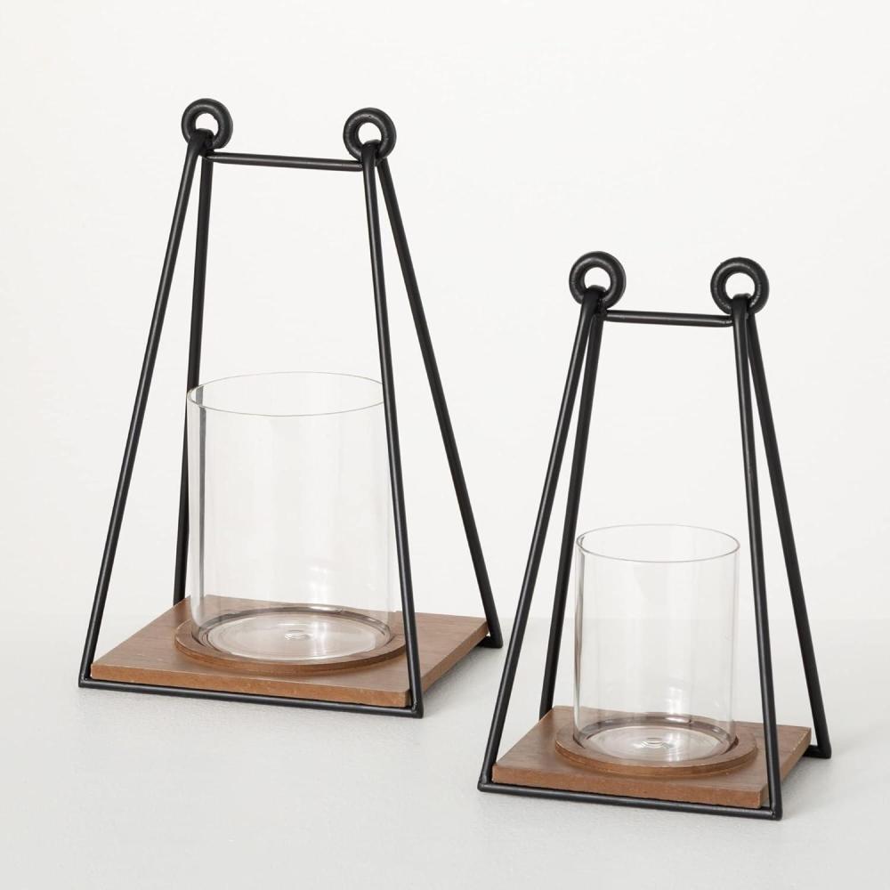 imageSullivans 1375quot Triangular Wire Frame Lanterns  Set of 2 Multicolor Decorative Candle Holders Mantle and Tabletop Dcor