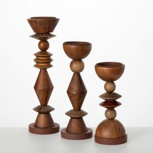 imageSullivans Retro Wood Pillar Candle Holder Set of 3 Natural Wood Decorative Candle Holders for Table Centerpiece Perfect for Home Decor Weddings Dinning and Gifts
