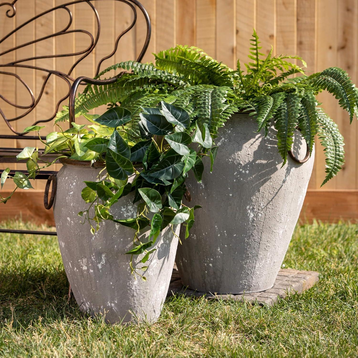 imageSullivans Outdoor Rustic Urn Planter Set of 2 Gray Metal for Plants Indoor and Outdoor Planters Garden Decor Porch and Patio Decor Spring Decor