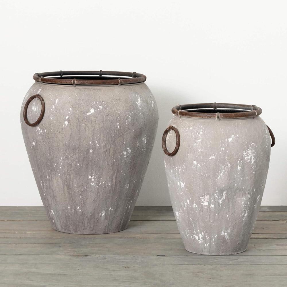 imageSullivans Outdoor Rustic Urn Planter Set of 2 Gray Metal for Plants Indoor and Outdoor Planters Garden Decor Porch and Patio Decor Spring Decor