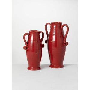 imageSullivans Red Glazed Ceramic Classic Design Urn Vase with Curl Handles Set of 2 Table Centerpiece Pedestal Vases for Flowers Perfect for Wedding Home Office Kitchen Decor