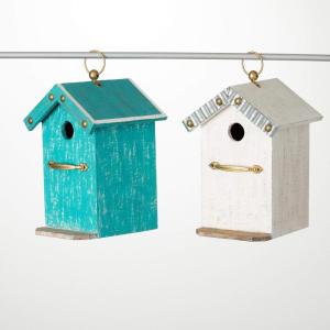 imageSullivans Rustic Sky Blue and White Wood Birdhouse Set of 2 with Metal Accents 12Inch Bird Feeder Birdwatching Decoration for Outdoor Garden Yard Deck and Patio