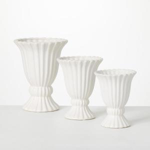 imageSullivans White Glossy Ceramic Classic Fluted Ribbed Design Urn Vase Set of 3 Table Centerpiece Pedestal Vases for Flowers Perfect for Wedding Home Office Kitchen Decor