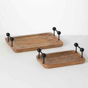 imageSullivans Wooden Tray Set with Hammered Metal Handles Set of 2 Rustic Decorative Ottoman Serving Tray Coffee Table Tray Catchall Tray Countertop Storage Perfect for Home Office Kitchen Decor