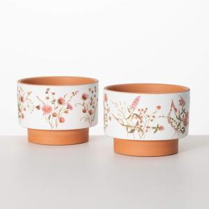 imageSullivans Vase Ceramic Vase Set of 2 Terra Cotta and White Floral Design Vases Rustic Farmhouse Neutral Home Dcor for Fake Plants Coffee Table Decor Tabletop Shelf Fireplace Mantel Decoration