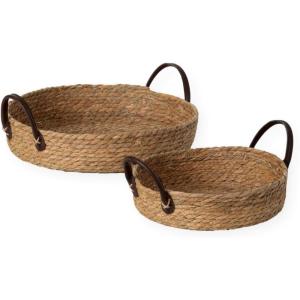 imageSullivans Natural Tan Woven Wicker Decorative Serving Tray with Vegan Leather Handles Set of 2 Decorative Ottoman Serving Tray Coffee Table Tray Perfect for Home Office Kitchen Decor