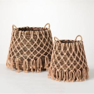 imageSullivans Decorative Boho Storage Baskets with Handles Set of 2  Handwoven Wicker Baskets with Macrame Detail Boho Chic Home Dcor for Living Room Bedroom ampamp More