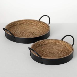 imageSullivans Black ampamp Natural Wood Woven Seagrass Serving Tray with Black Metal Handles Set of 2 Decorative Ottoman Serving Tray Perfect for Home Office Kitchen Coffee Table Decor