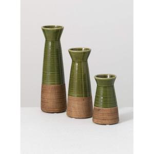 imageSullivans Ceramic Vase Set of 3 Glaze Dipped Green with Exposed Brown Bottom Dcor for Living Room Kitchen Office Home Decorations CM2929