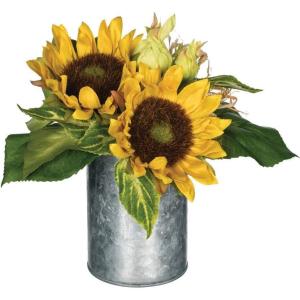 imageSullivans Artificial Sunflower Centerpieces for Tables in Galvanized Metal Pot  Yellow Sunflower Decorations for Home Plastic Fake Potted Flowers
