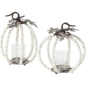 imageSullivans White Distressed Beaded Pumpkin Pillar Candle Holder Set of 2 Decorative Candle Holders for Table Centerpiece Perfect for Home Decor Weddings Dinning and Gifts