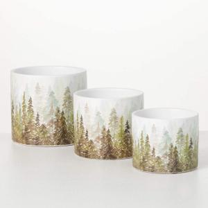 imageSullivans Forest Scene Planter Set of 3 Ceramic Pots with Watercolor Pine Tree Pattern Graduated Sizes for Christmas Decor Outdoor Use Great Gift